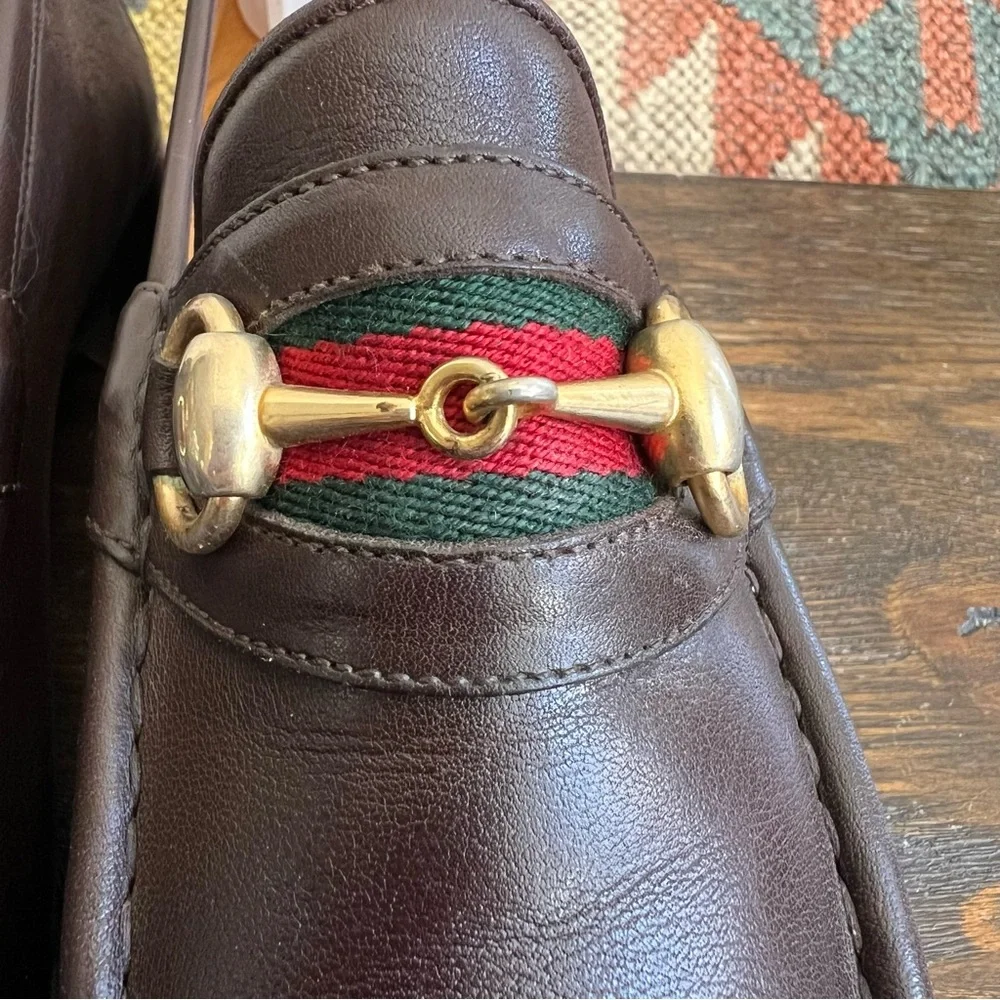GUCCI Brow Leather Web Detail Horsebit Loafers EU41.5 US8